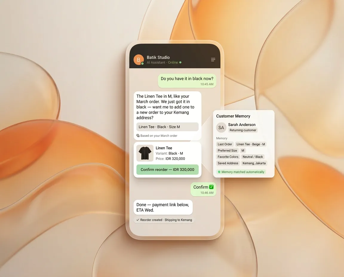 Repeat — returning customers reorder in a tap because the AI remembers their context