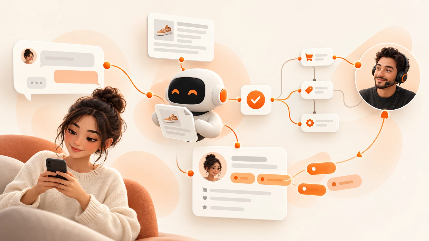 Pelanggan membaca chat di ponsel, terhubung lewat AI agent ke produk, tagging, automation, dan tim dukungan manusia