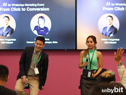 Speakers on stage at the bitbybit + Meta WhatsApp + AI Commerce event in Jakarta, May 2025, with conference banners visible