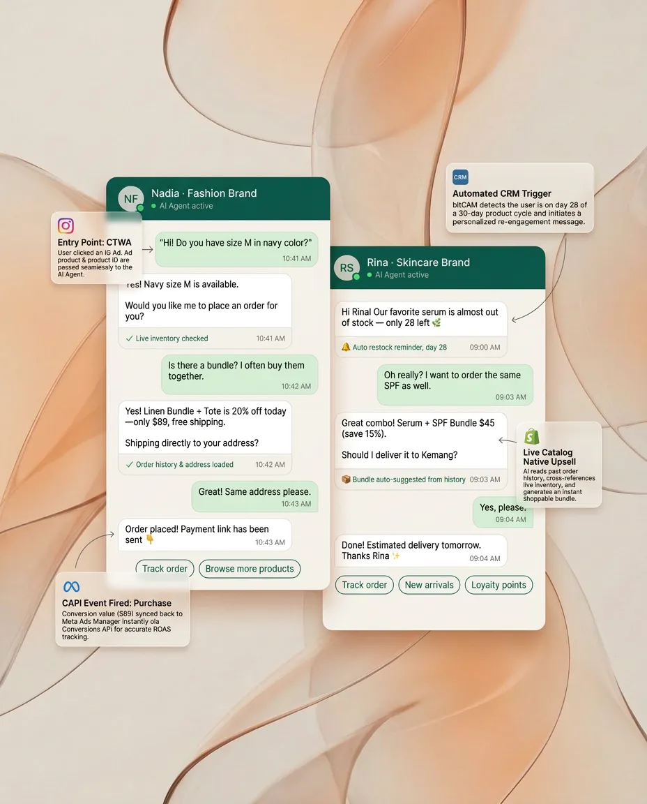 WhatsApp ecosystem showing CTWA, AI agent, CRM triggers, and CAPI